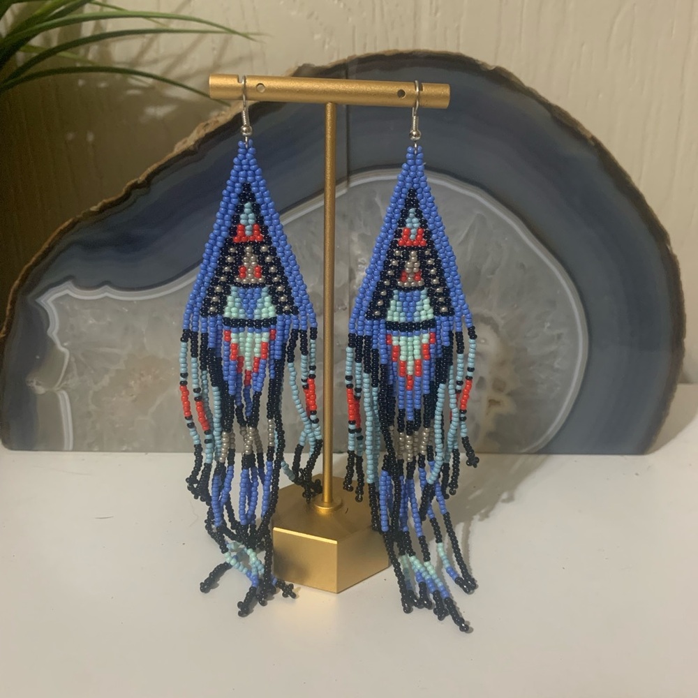 Artisan Beaded Fringe Earrings - Blue and Red